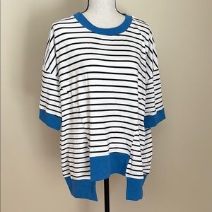 Striped Black and White Top with Blue Rib Accents Asymmetrical Hem Relaxed Fit S